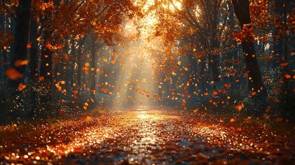 Sunlit autumn path with falling leaves. (1)