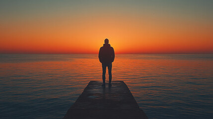 Silhouette of a man standing on a pier at sunset, looking out over the calm sea. The man is wearing a black jacket and jeans. The sky has orange tones. Very simple image.