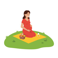Pregnant woman enjoying picnic on grass, flat design vector illustration