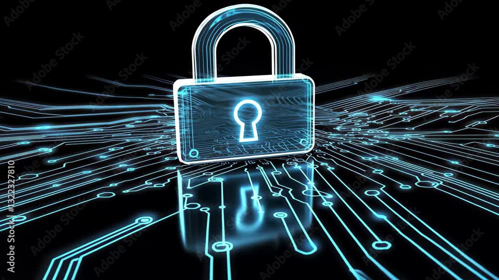 Poster padlock icon symbolizing digital security over interconnected data streams, padlock icon with connec