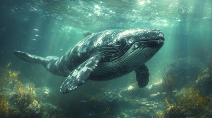 Fototapeta premium Humpback whale underwater, sunlight, ocean, rocks.