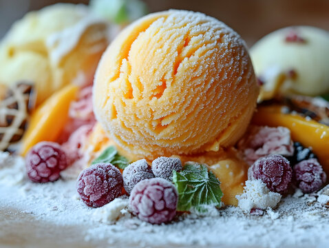 Orange ice cream scoop, topped with berries and mint