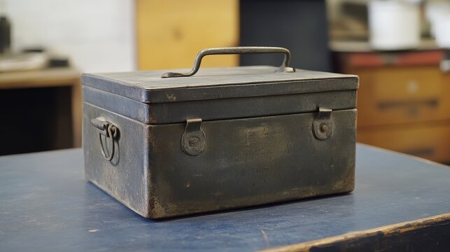 This robust storage box features a metal design ideal for organizing and transporting tools efficiently.