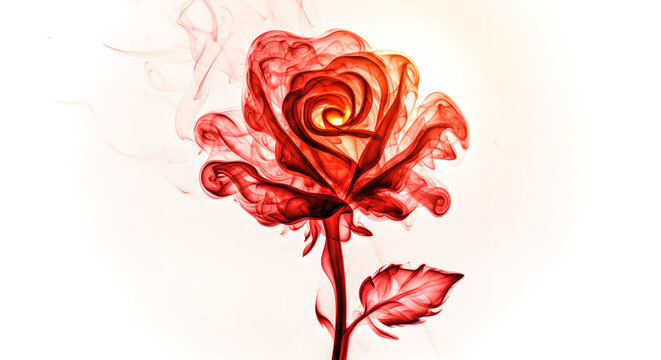 Beautiful rose made of red smoke on a white background for love concept, design element for valentine day greeting card, wedding invitation, or banner template decor ideea