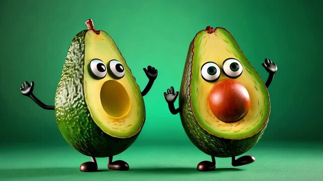 Cartoon style avocado dancing on green background. Organic food. Healthy food.