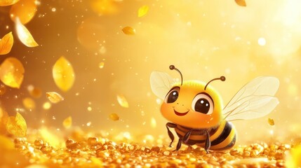 Cute cartoon bee amidst falling autumn leaves.