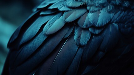 Close-up of iridescent dark feathers, showcasing their intricate textures and deep blue hues in soft lighting.