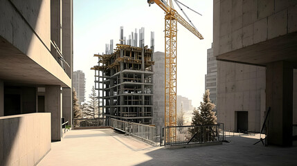Modern Urban Construction Site With Concrete Buildings And Crane Under Bright Daytime Sky