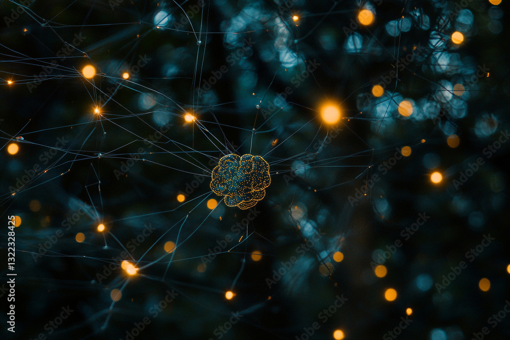 Poster abstract neural network brain structure digital art golden lights web data dark nodes future design