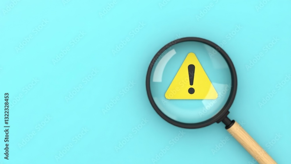 Poster magnifying glass with yellow triangle caution warning sign for error notification and maintenance co