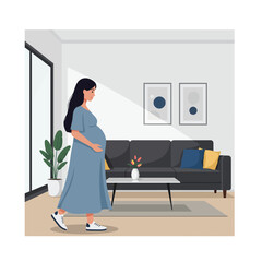 Pregnant woman walking in modern living room with flat design vector art