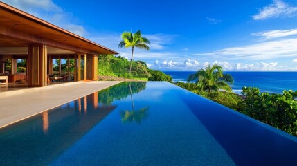 Fototapeta premium Serene luxury villa with infinity pool overlooking a tropical ocean landscape at sunset