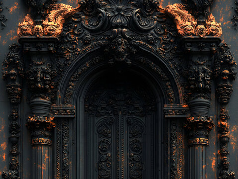 Ornate, dark, aged doorway with detailed carvings