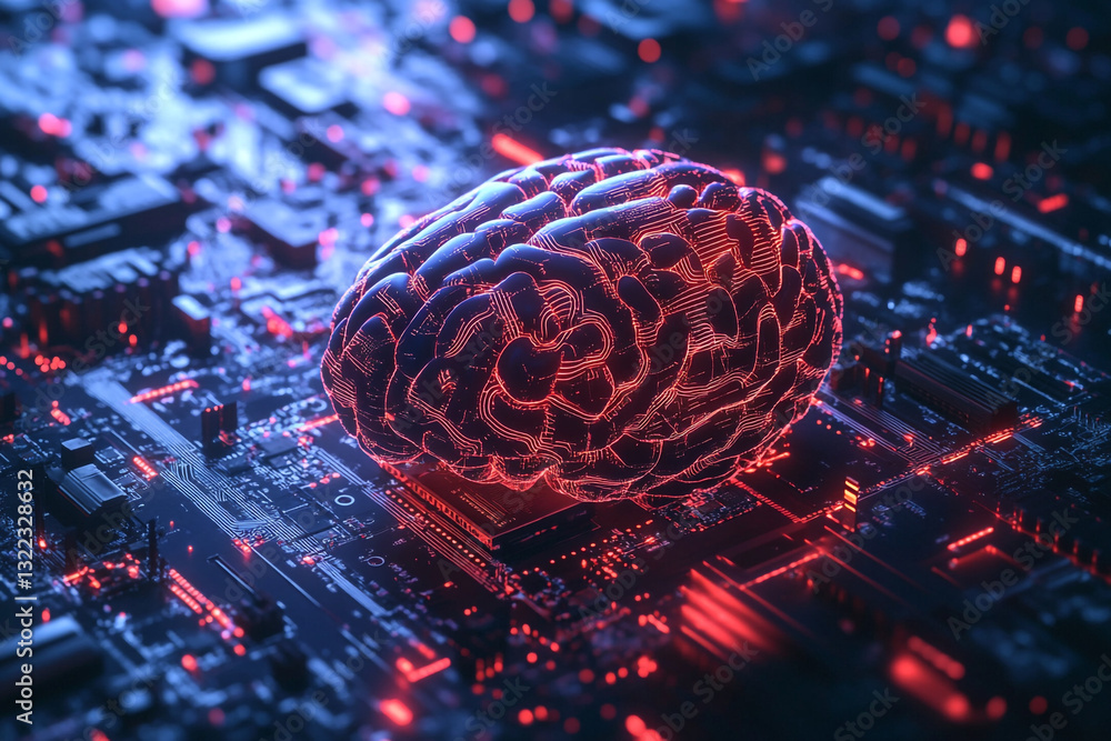 Poster abstract digital brain on circuit board technology innovation red data blue chip system future neura