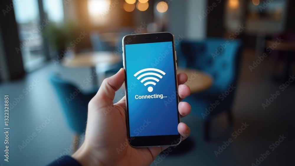 Poster man connecting to the internet via smartphone. concepts of technology, wireless network connections,