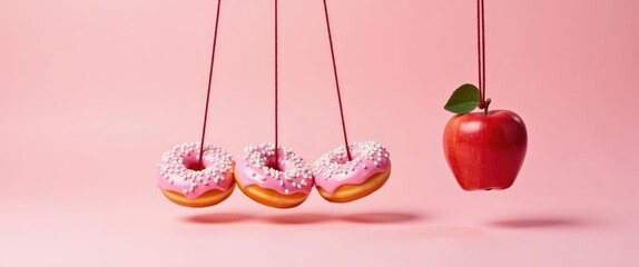 Newton's cradle made of doughnuts. Collision spheres crafted from donuts and a red apple. Concept of a healthy diet. Concept of diabetes.