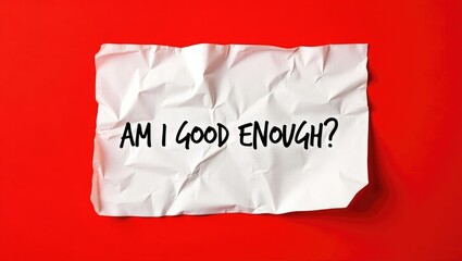 Crumpled paper with handwritten AM I GOOD ENOUGH on a red background represents negative self-talk, highlighting self-doubt and the inner voice of critical judgment, signaling feelings of inadequacy.