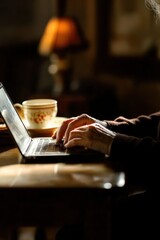 elderly hands typing on laptop in cozy dimly-lit room with warm lamp and cup nearby. home office, senior technology use. aging, retirement, active lifestyle of old people. remote work and productivity
