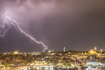 Lightning over Istanbul skyline at night