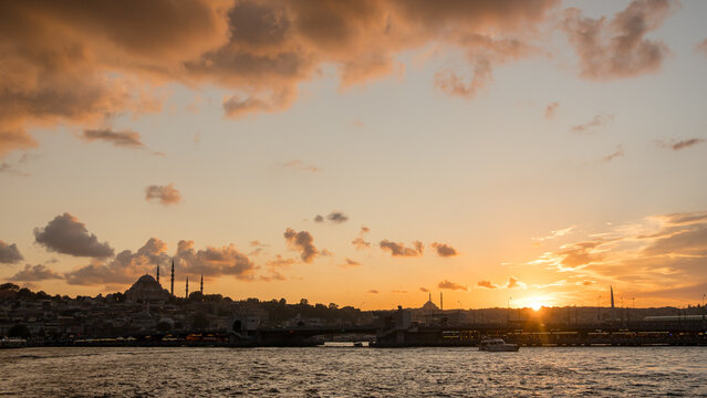 Sunset view over Istanbul skyline with historical mosques