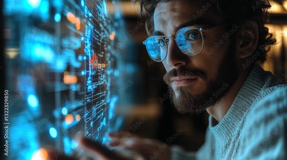 Poster A scientist is deeply focused on a digital display showcasing quantum mechanics concepts like qubits and entanglement. The lab is illuminated with blue light, enhancing the high-tech atmosphere.