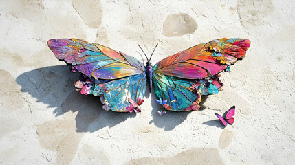 A Colorful Abstract Butterfly With Iridescent Mosaic Wings On A Textured Background Casting A Shadow
