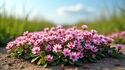 Obraz premium Medicinal and food herb Thymus serpyllum, creeping thyme flowers in close-up. Natural remedy. Culinary herb and aromatic spice in its environment.