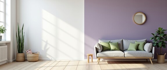 Mockup of a white wall in a loft-style home featuring a sofa and decorative accessories in the space.