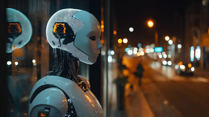 Fototapeta premium Futuristic robot standing in city night lights urban scene ai dark future modern street window