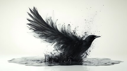 Artistic quill frozen in motion above a radiant pool of ink on a clean white backdrop