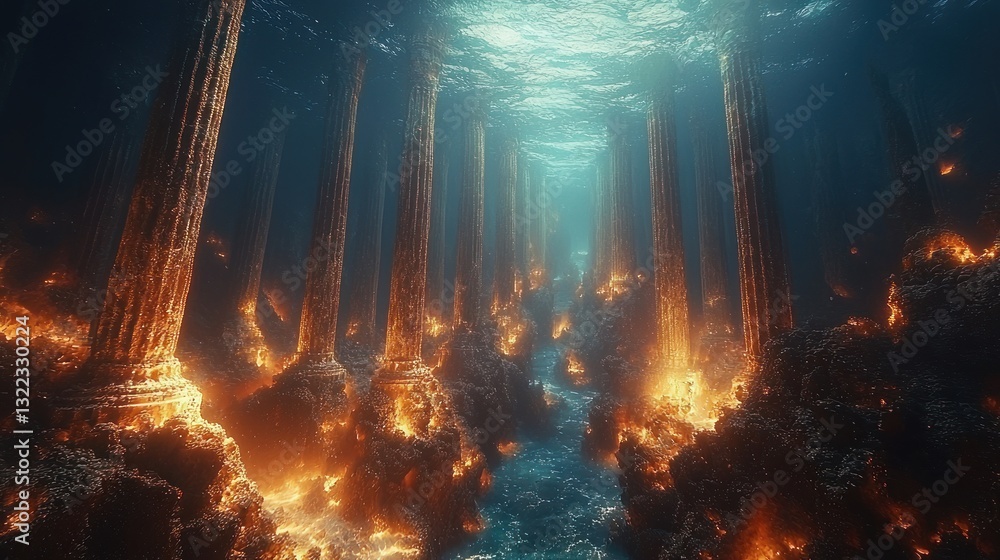Poster sunlit underwater path with ancient columns and glowing rocks.