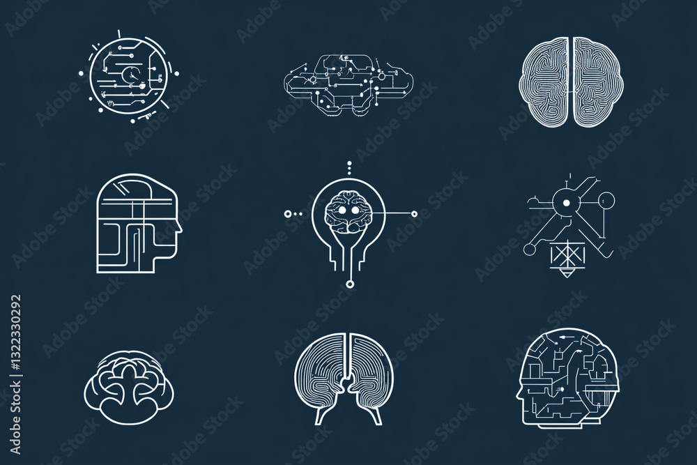 Aufkleber abstract brain circuit technology icons set design digital art idea mind data dark line white future