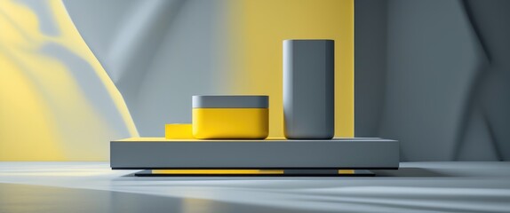 Minimal contemporary product showcase on stylish gray and yellow backdrop with shadows