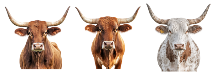 Three Distinct Cattle Heads with Prominent Horns and Unique Colors, PNG bundle collection, Isolated on Transparent Background