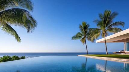 Fototapeta premium Serene beachfront villa with infinity pool, palm trees swaying, and calm ocean backdrop