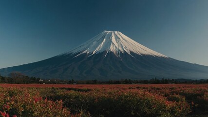 Fototapeta premium The soft glow of sunrise casting a warm light on the snow-covered peak of mount fuji and the surrounding landscape