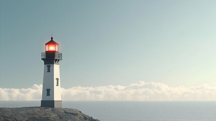 Obraz premium 3D Render of a White Lighthouse on a Rocky Coast with a Glowing Red Light at Sunset Over a Calm Ocean with Clouds