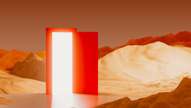 Red door stands in a surreal landscape