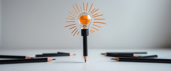 One unique pencil with light bulb. Individuality, idea, independence, leadership and uniqueness concept. Stand out from the crowd. Think outside the box. Dare to be different.