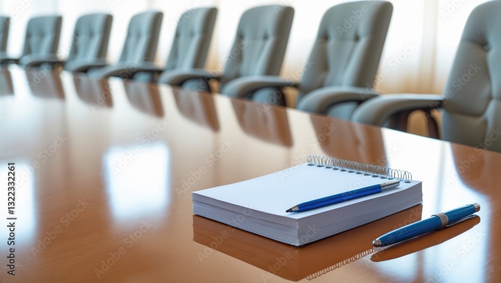 Poster notepad placed on a table in a vacant conference room with copy space.