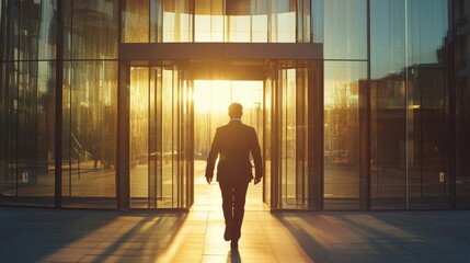 Fototapeta premium businessman with briefcase exiting doors of business center