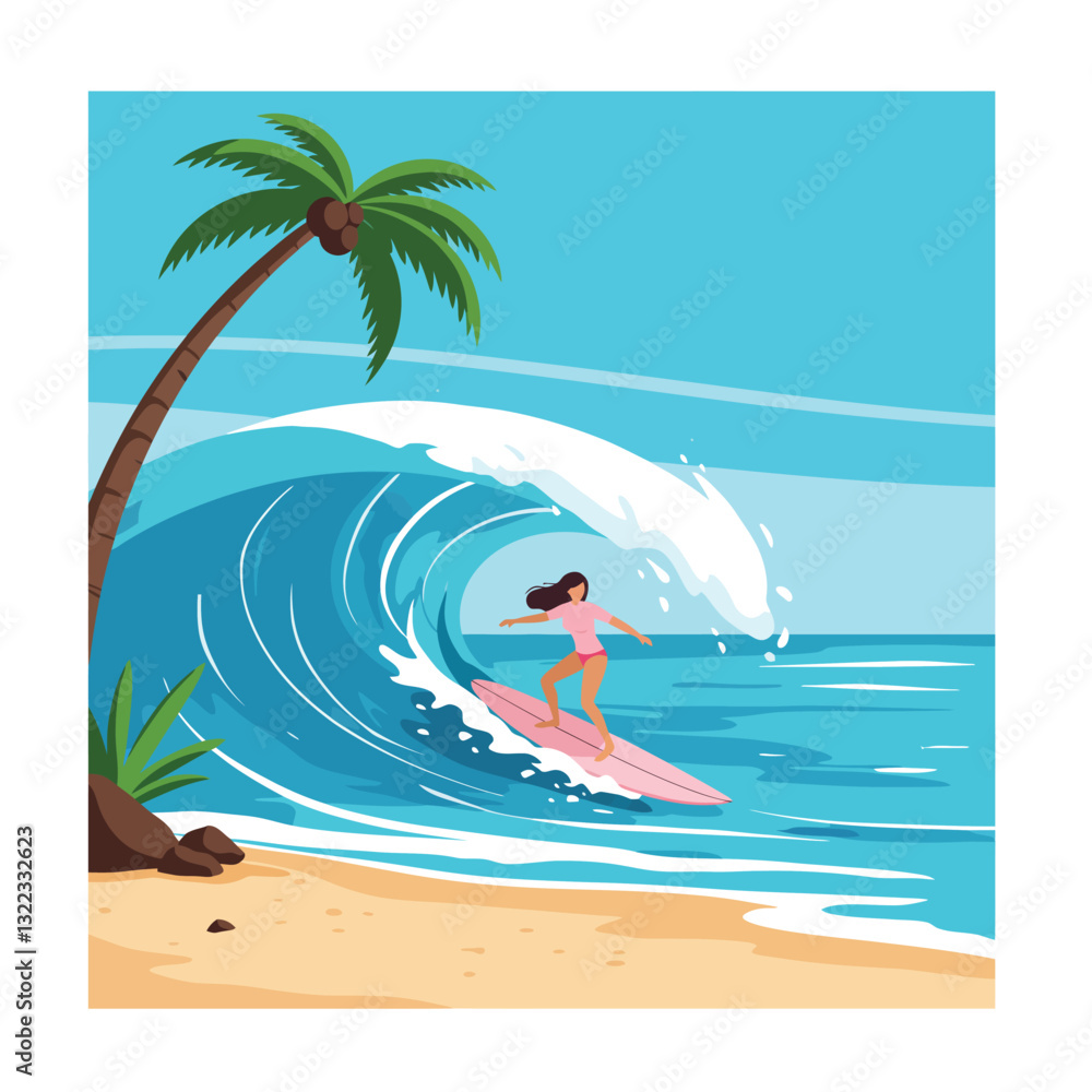Poster surfer riding a wave with palm tree in flat vector art style