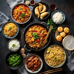 Food set of Assorted Chinese. Chinese noodles, fried rice, dumplings, peking duck, dim sum, spring rolls