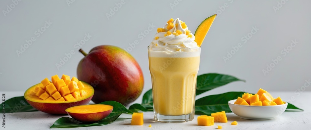 Poster mango milkshake topped with cream and surrounded by fruit on a table with a light isolated backgroun