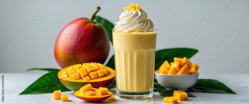 Poster mango milkshake topped with cream and surrounded by fruit on a table with a light isolated backgroun