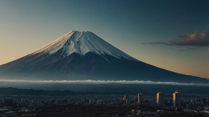 The soft light of sunrise illuminating the snow-covered slopes of mount fuji against a clear blue sky
