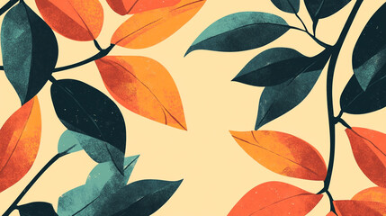 Obraz premium Abstract autumn leaves orange teal green botanical illustration art fall plant style decor image