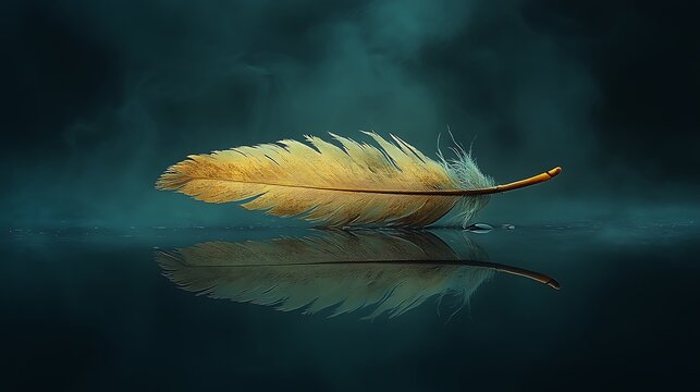 Softly textured quill poised over a reflective ink surface creating an ethereal mood