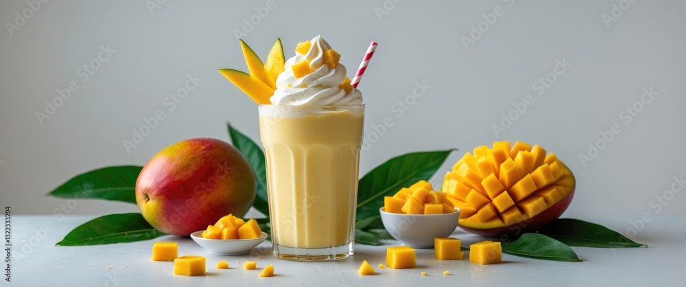 Poster mango milkshake topped with cream and adorned with fruit on a table against a light isolated backgro