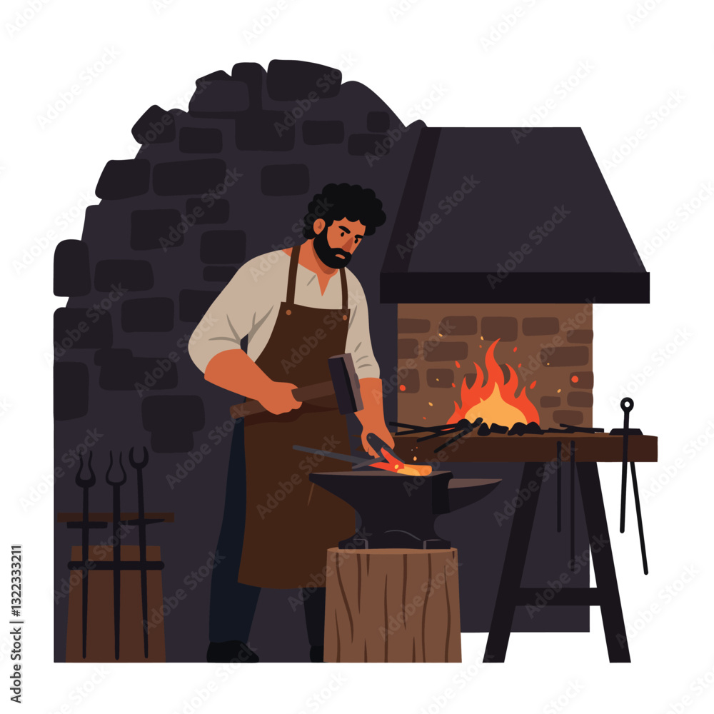 Poster blacksmith working at forge with flames in flat vector art style